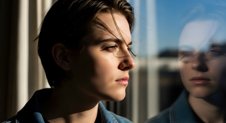 A close-up profile portrait of a young woman with short hair looking out a window, with her face partially illuminated by strong sunlight. Her reflection is visible in the glass, adding depth to her serious and contemplative expression.の素材