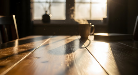 Golden morning sunlight streams across a textured wooden table, illuminating floating dust particles and creating long shadows. A steaming mug and a book sit in the soft background, evoking a sense of peaceful solitude and a slow start to the day.の素材
