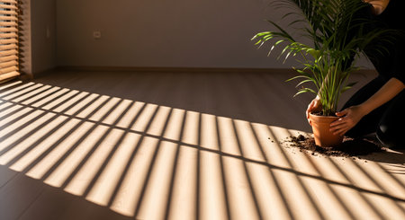 A person is kneeling on a wooden floor holding a potted green plant in a terracotta pot. Strong linear shadows from window blinds create a dramatic pattern on the floor, highlighting a scene of indoor gardening or moving.の素材