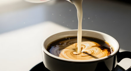 Milk is poured into a black cup of coffee, creating a beautiful creamy swirl on the surface. Backlighting highlights the steam and droplets, capturing the energy and aroma of a fresh morning brew.の素材