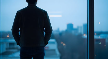 A silhouette of a man stands with his back to the camera, looking out a large window at a blue-toned city skyline. The contemplative pose and urban view suggest themes of business, future planning, or solitude.の素材
