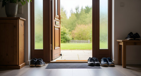View from inside a hallway looking out through an open wooden door to a sunny green garden. Several pairs of shoes are lined up on the entrance mat, symbolizing a welcoming home or the transition between indoors and outdoors.の素材