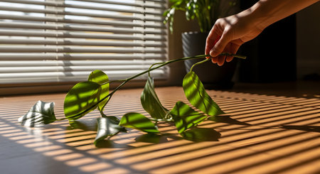 A hand holds a green plant stem with leaves against a wooden floor illuminated by striped shadows from blinds. The image captures a moment of botanical appreciation with a high-contrast, aesthetic mood.の素材