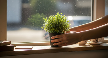 Close-up of hands placing a small green potted plant onto a wooden window sill. The scene is illuminated by bright natural light, highlighting the green leaves and the concept of home decoration or gardening.の素材