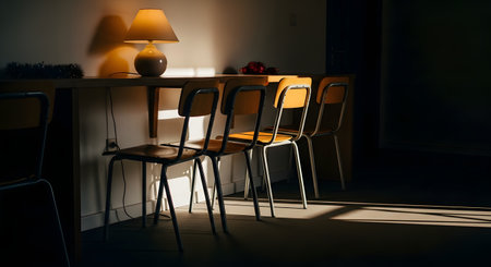 A row of wooden chairs faces a long table illuminated by a warm lamp in a dimly lit room. The contrast between light and shadow creates a quiet, studious, or perhaps lonely atmosphere in an educational setting.の素材