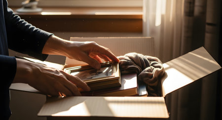 Hands carefully pack a framed photograph and books into a cardboard box in a sunlit room. The image symbolizes the process of moving house, preserving memories, and the transition to a new home.の素材