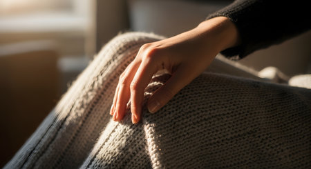A close-up of a hand resting gently on a knee covered in a thick grey knitted blanket. The warm sunlight and soft wool texture evoke a sense of comfort, relaxation, and winter coziness.の素材