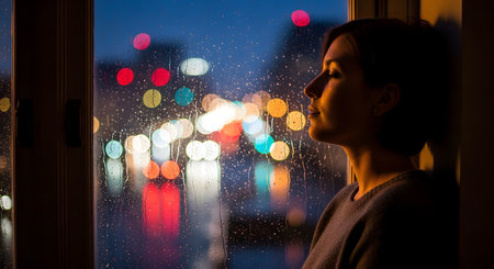 A woman looks out a rain-streaked window at night, watching the colorful bokeh of city lights. The scene evokes a mood of quiet contemplation and melancholy coziness.の素材