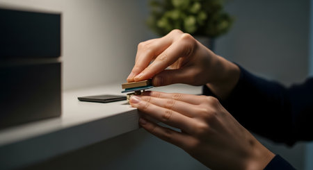 Close-up of a person's hands carefully adjusting or assembling a small component on a white shelf. The focus is on the precision and detail of the manual task, likely related to DIY home improvement or furniture assembly.の素材