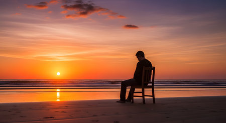 A silhouette of a man sits alone on a wooden chair on a sandy beach, gazing at a vibrant sunset over the ocean. The image conveys themes of solitude, contemplation, and peacefulness in nature.の素材
