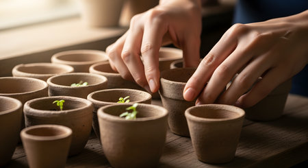 A pair of hands carefully arranges a collection of small terracotta pots, some containing tiny green seedlings, on a wooden surface. The close-up shot highlights the texture of the clay and the delicate nature of the new growth, representing gardening and care.の素材