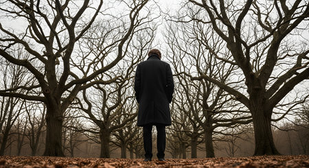 A solitary figure in a dark coat stands amidst a forest of tall, bare trees with intricate branches against a grey sky. The scene conveys a sense of isolation, mystery, and the quiet atmosphere of late autumn or winter.の素材