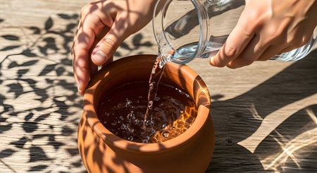Hands pouring clear water from a glass pitcher into a terracotta clay pot. The scene is illuminated by dappled sunlight through tree leaves, evoking feelings of freshness, purity, and summer hydration.の素材