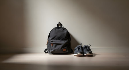 A minimalist composition featuring a black canvas backpack leaning against a beige wall next to a pair of dark sneakers on a wooden floor. The clean, neutral background highlights the concept of school, travel, or daily commute readiness.の素材