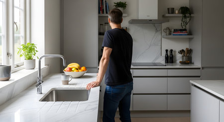 A man stands in a modern kitchen with grey cabinets and marble countertops, looking towards a shelf or window. The clean, minimalist space features a fruit bowl and cooking essentials, depicting a quiet moment in a contemporary home.の素材