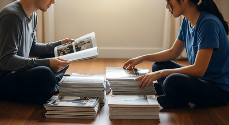 A man and a woman sit cross-legged on a wooden floor, sorting through large stacks of magazines and books. The scene suggests moving, decluttering, or organizing a home library in a bright, minimalist room.の素材