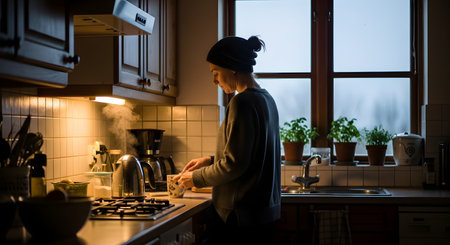 A woman stands in a dimly lit kitchen preparing a hot drink, with steam rising from a mug. The moody lighting and her contemplative expression suggest a quiet early morning routine or a peaceful evening winding down.の素材