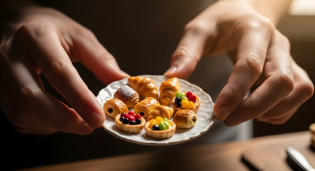 Close-up of hands gently holding a tiny white plate filled with realistic miniature clay pastries, including croissants and fruit tarts. The image showcases the incredible detail and craftsmanship of miniature food art.の素材