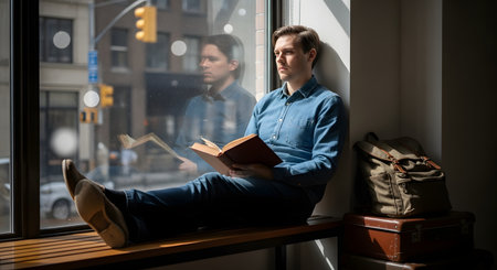 A young man sits on a window sill reading a book, with a vintage suitcase and backpack next to him. Through the window, a city street scene with a traffic light is reflected, suggesting he is waiting for a journey.の素材