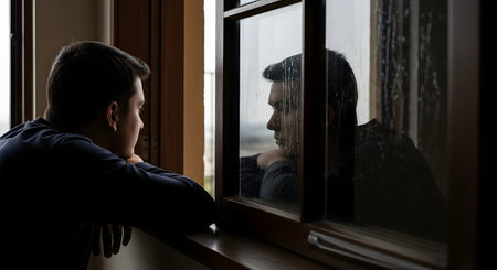 A young man rests his chin on his arms while looking out a window covered in rain droplets. His reflection is visible in the dark glass, conveying a mood of sadness, deep thought, or urban isolation on a gloomy day.の素材