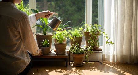 A person waters a collection of healthy green potted plants near a sunny window using a silver watering can. The image highlights indoor gardening, plant care, and a connection to nature within the home.の素材