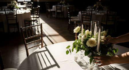 Hands adjust a floral centerpiece with white roses and tall candles on an elegant round dining table. Strong sunlight casts dramatic shadows from the Chiavari chairs, highlighting the preparation for a wedding reception or formal event.の素材