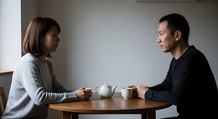 A serious man and woman sit opposite each other at a wooden table with a white teapot and cups, engaged in a conversation. The setting is minimalist and calm, suggesting a serious discussion, relationship talk, or counseling session.の素材