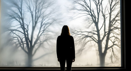 The silhouette of a woman stands before a large window, looking out at a foggy winter landscape with bare trees. The image evokes feelings of solitude, contemplation, and the quiet stillness of a cold morning.の素材