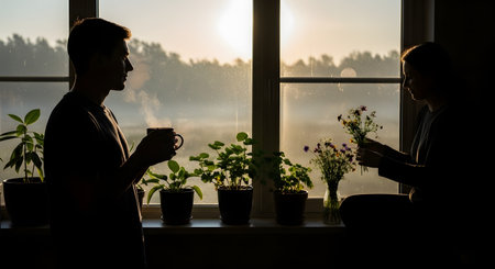 Silhouettes of a man and a woman interacting near a window filled with potted plants during a golden sunset. The scene conveys connection, romance, and peaceful domestic life.の素材