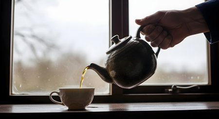 Tea is poured from a rustic ceramic teapot into a matching cup on a wooden windowsill. The blurred background shows a gloomy or rainy day, highlighting the comfort of a hot drink indoors.の素材