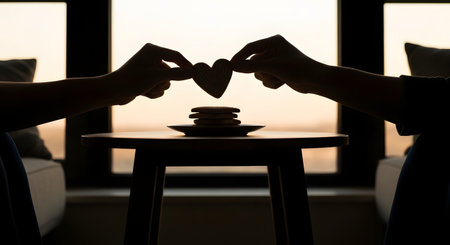 Silhouetted hands hold a heart-shaped cookie together above a stack of cookies on a table, framed against a bright sunset window. The image conveys themes of love, sharing, and warmth through the high-contrast silhouette and golden light.の素材
