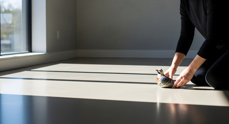 A person kneels on a smooth floor, carefully placing a decorative ceramic bird figurine in a patch of sunlight. The minimalist room features strong architectural shadows, highlighting the simplicity and elegance of the home decor.の素材