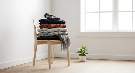 A neat stack of folded winter knitwear, including thick sweaters and a grey beanie hat, resting on a light wooden chair. The minimalist composition in a bright room evokes a sense of seasonal preparation and cozy home organization.の素材