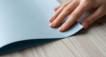 A hand gently touches the edge of a light blue sheet of paper on a light wooden surface. The close-up emphasizes the texture of the paper and the delicate movement of the fingers, suitable for office or stationery themes.の素材