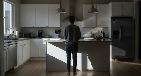 Rear view of a woman standing at a kitchen island, bathed in dramatic sunlight and deep shadows. The moody and contemplative scene captures a quiet moment of domestic life or morning routine.の素材