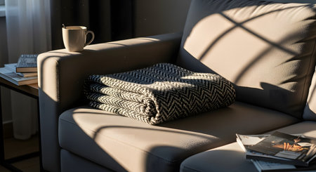 A neatly folded black and white patterned throw blanket rests on a grey sofa cushion, illuminated by strong geometric sunlight shadows. A coffee mug and books on the side table complete the cozy, modern living room scene.の素材