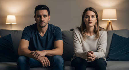 A serious young couple sits side-by-side on a grey sofa in a dimly lit living room, looking directly at the camera. Their somber expressions suggest a difficult conversation, relationship counseling, or a moment of solemnity.の素材