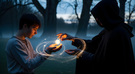 A young boy holds a glowing magical orb with swirling lights, facing a mysterious hooded figure in a dark, atmospheric setting. The scene evokes themes of fantasy, magic spells, supernatural power, and mystical storytelling.の素材