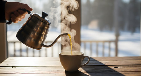 Hot water is being poured from a stainless steel gooseneck kettle into a white coffee cup, creating visible steam against a bright window. The background reveals a snowy outdoor scene, emphasizing the warmth of a fresh brew.の素材