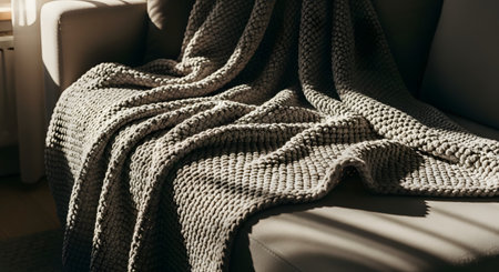 A chunky grey knitted blanket is casually draped over a sofa, illuminated by strips of sunlight and shadow. The texture of the wool and the warm lighting create a cozy and inviting interior atmosphere.の素材