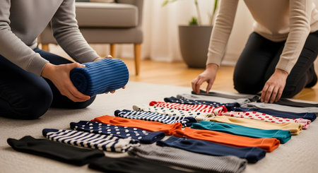 Two people are sorting and folding laundry on the floor, organizing colorful socks into neat rows and rolling up sweaters. The image depicts domestic cooperation, organization, and the routine of household chores.の素材