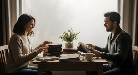 A happy couple sits together at a wooden table by a large foggy window, reading hardcover books. The cozy winter atmosphere is enhanced by soft light, a potted plant, and a mug of hot coffee, suggesting a quiet afternoon of shared interests.の素材