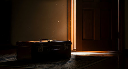 A vintage dark leather suitcase lies flat on a rug in a dimly lit room, positioned near an open door letting in a beam of light. The scene evokes a sense of mystery, departure, or the return home after a long journey.の素材