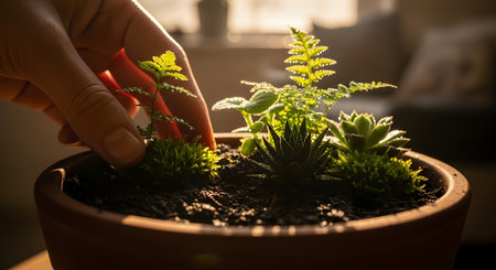 A close-up of a hand gently touching small ferns and succulents growing in a terracotta pot. Backlit by warm sunlight, the image captures the delicate details of plant care, gardening, and the nurturing of miniature indoor nature.の素材