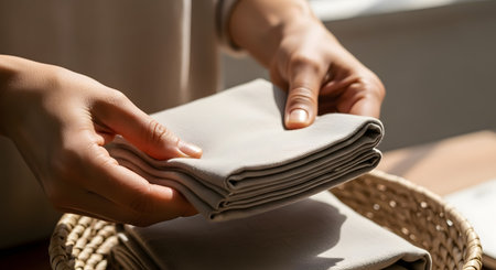 Close-up of hands carefully folding a beige linen napkin or cloth over a woven basket. The image highlights the texture of the fabric and the simple, repetitive nature of household chores and organization.の素材