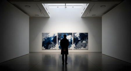 The silhouette of a man stands in a spacious art gallery, admiring a triptych of blue and white abstract paintings. Light floods in from a skylight above, highlighting the artwork and the solitary figure in a contemplative moment.の素材