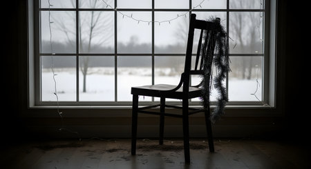 A silhouette of a wooden chair draped with silver tinsel sits before a large window looking out onto a snowy landscape. The scene evokes a mood of post-holiday melancholy, loneliness, or quiet winter reflection.の素材