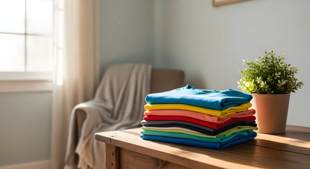 A neatly folded stack of colorful t-shirts sits on a wooden table in a sunlit room, with a potted plant and armchair in the blurred background. The image represents laundry day, cleanliness, organization, and a tidy domestic environment.の素材