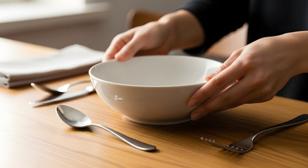 A close-up of hands carefully placing a white ceramic bowl onto a wooden dining table set with a spoon and fork. The image captures the preparation for a meal, hospitality, and domestic routine.の素材
