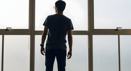 A young man wearing glasses and a dark t-shirt stands with his back to the camera, gazing out of a large, multi-paned window. The silhouette figure is framed by the bright, diffused light coming from outside, creating a mood of contemplation or waiting.の素材